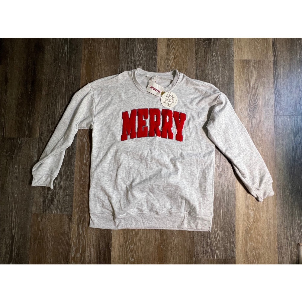 Workshop Republic Clothing Merry Sweatshirt Womens L Gray New Holiday Graphic